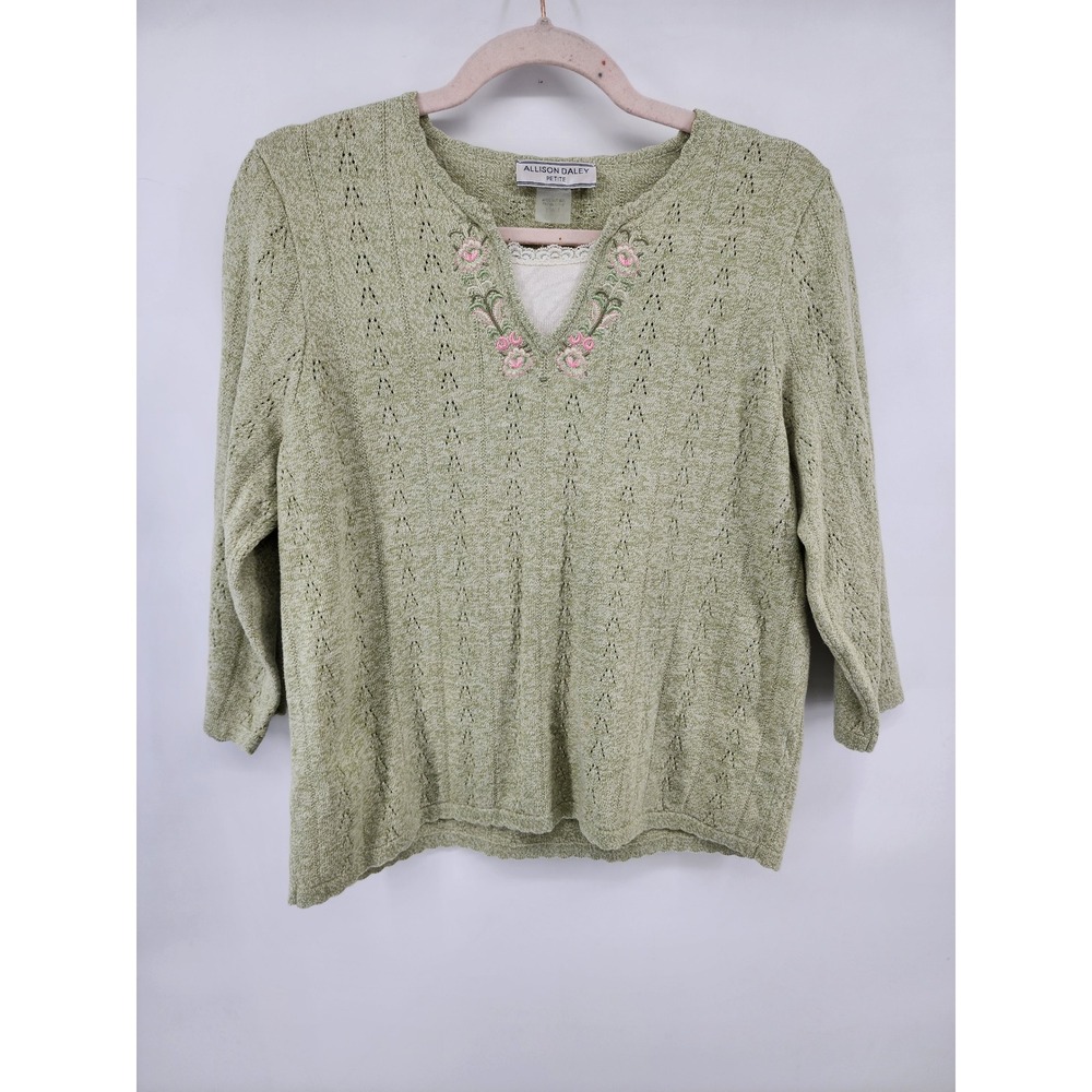 Allison Daley Petite Sage Green Pointelle Knit‎ Sweater Floral Embroidery PM